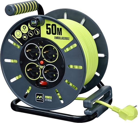 Masterplug Pro-XT Four Outlet Open Cable Reel Reel with Winding Handle, Thermal Switch and Power Switch, 50m High Visibility Cable