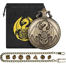 Mini DND Dice Set with Steampunk Dragon Pocket Watch Shell Case, 7pcs Polyhedral Metal Dice Set, D&D Starter Set, DND Gifts with Gift Bag, Role Playing Board Games Accessories, Bronze