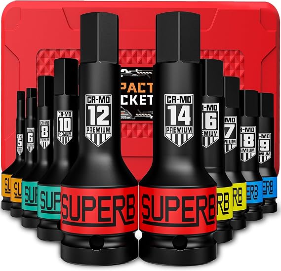 1/2 Inch Impact Hex Bit Socket Set，5-19 mm Allen Bit Socket Set 10 Piece for Mechanical Repair