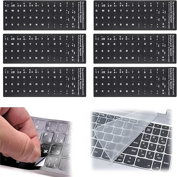 Replacement Spanish Keyboard Stickers, Universal Replacement Keyboard Stickers, Keyboard Stickers for Laptop Computer, Black, with Keyboard Cover, 7pcs