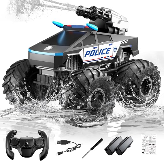 Remote Control RC Car, 1:18 Amphibious Remote Control Car,3-in-1 RC Monster Trucks/RC Boat/Water Gun,2.4GHz All Terrain Waterproof 4WD Off-Road RC Trucks Pool Toys Birthday Gift for Kids (Black)