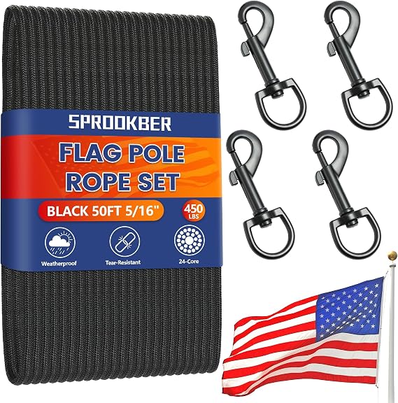 sprookber 50Ft Flagpole Rope Kit 5/16" Nylon Halyard with Swivel Snap Hook