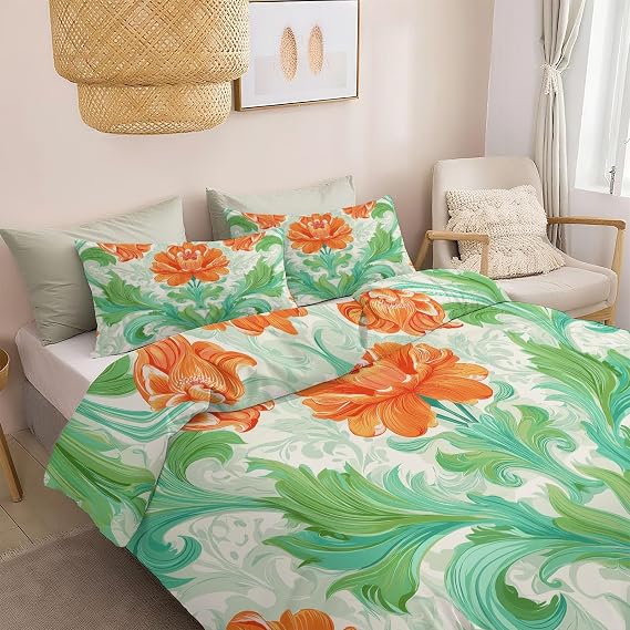 Printed Small Single Bedding Set for Women & Adults - Reversible White Victoria Flowers Curly Plants Duvet Cover 120 x 150 cm - Brushed Microfibre Quilt Cover with Matching Pillowcase Easy Care