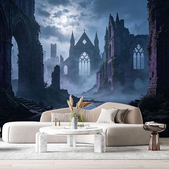 Custom Size Wall Murals Moonlit Gothic Ruins Landscape Water Reflection Misty Castle Night 3D Textured SelfAdhesive Wall Fabric Removable Large Wallpaper for Living Room