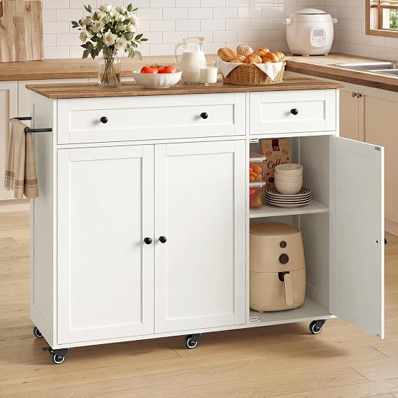 VASAGLE Kitchen Island on Wheels, Wooden Storage Trolley with 3 Doors