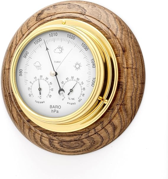 Brass Barometer with built in Hygrometer and Thermometer mounted on an English Oak Mount, Heavy Lacquered Brass (1/2kg), Sailing Ship Yacht Boating Clock, Handmade In England