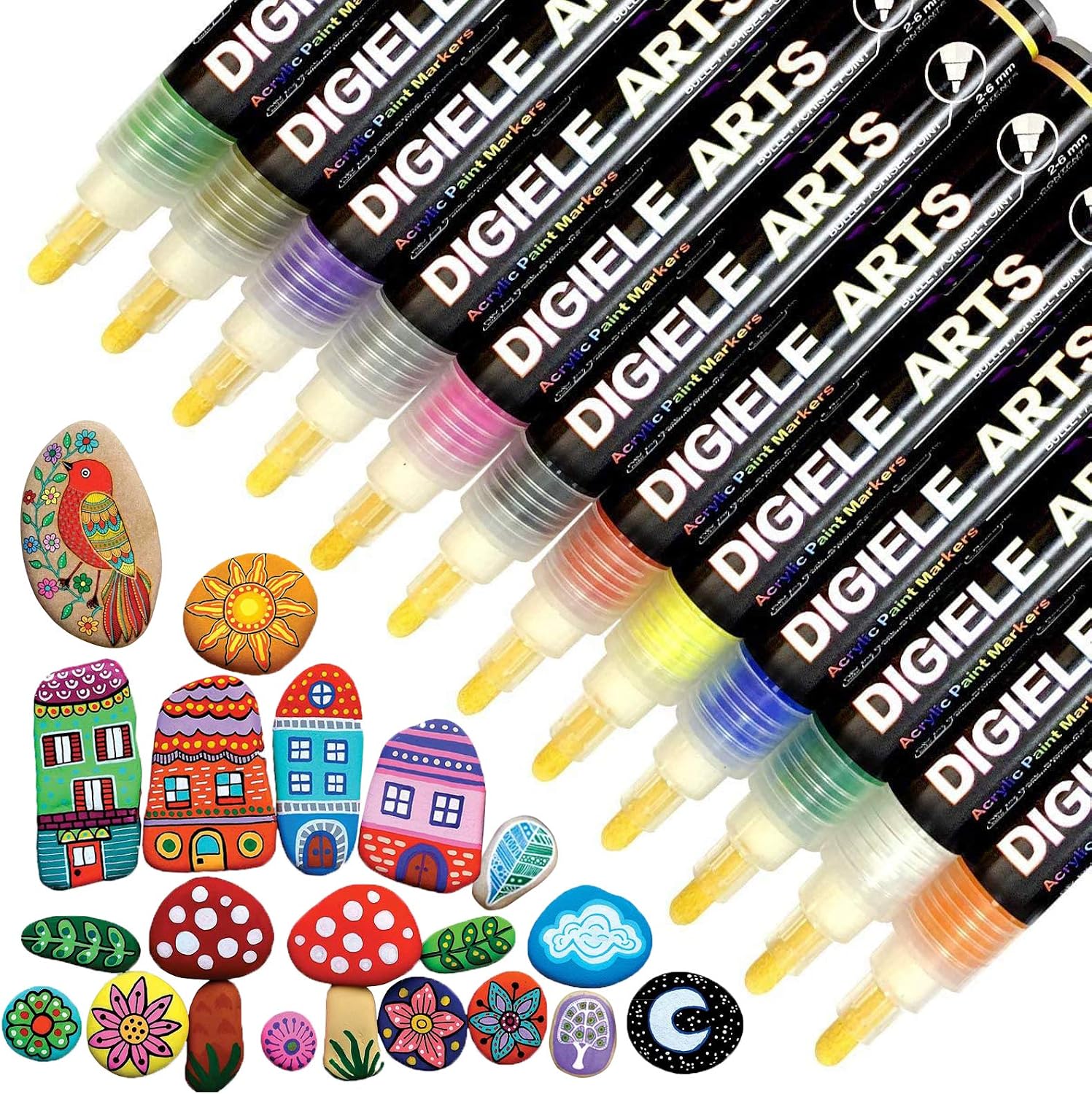 Paint Pens for Rock Painting, DIGIELE 12pcs Waterproof Pens for Pebble Painting &amp; Stone Art Drawing, Round and Chisel Tip, Permanent Acrylic Paint Markers Set for Kids, DIY for Ceramic, Porcelain, Mug