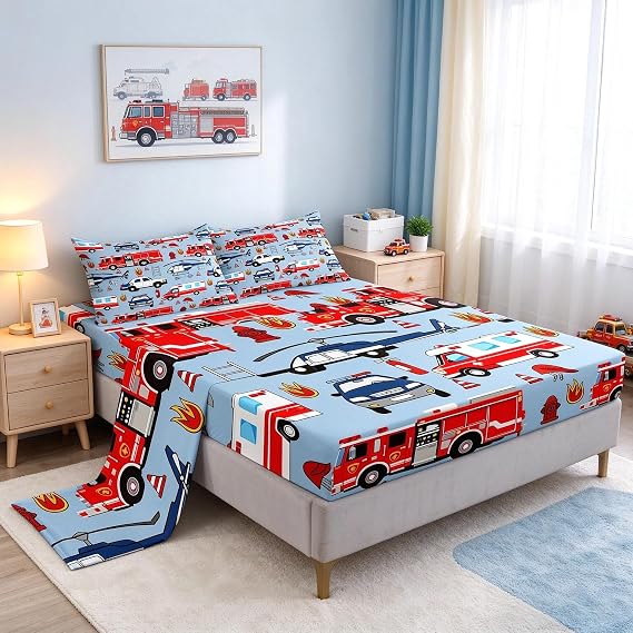 Feelyou カートゥーン パトカー シートセット レッド 消防車 ベッドシーツ キッズ 男の子 幼児 消火器 ベッドセット 飛行機 寝具 シーツ 1 ベッドシート 枕カバー2枚付き フルサイズ