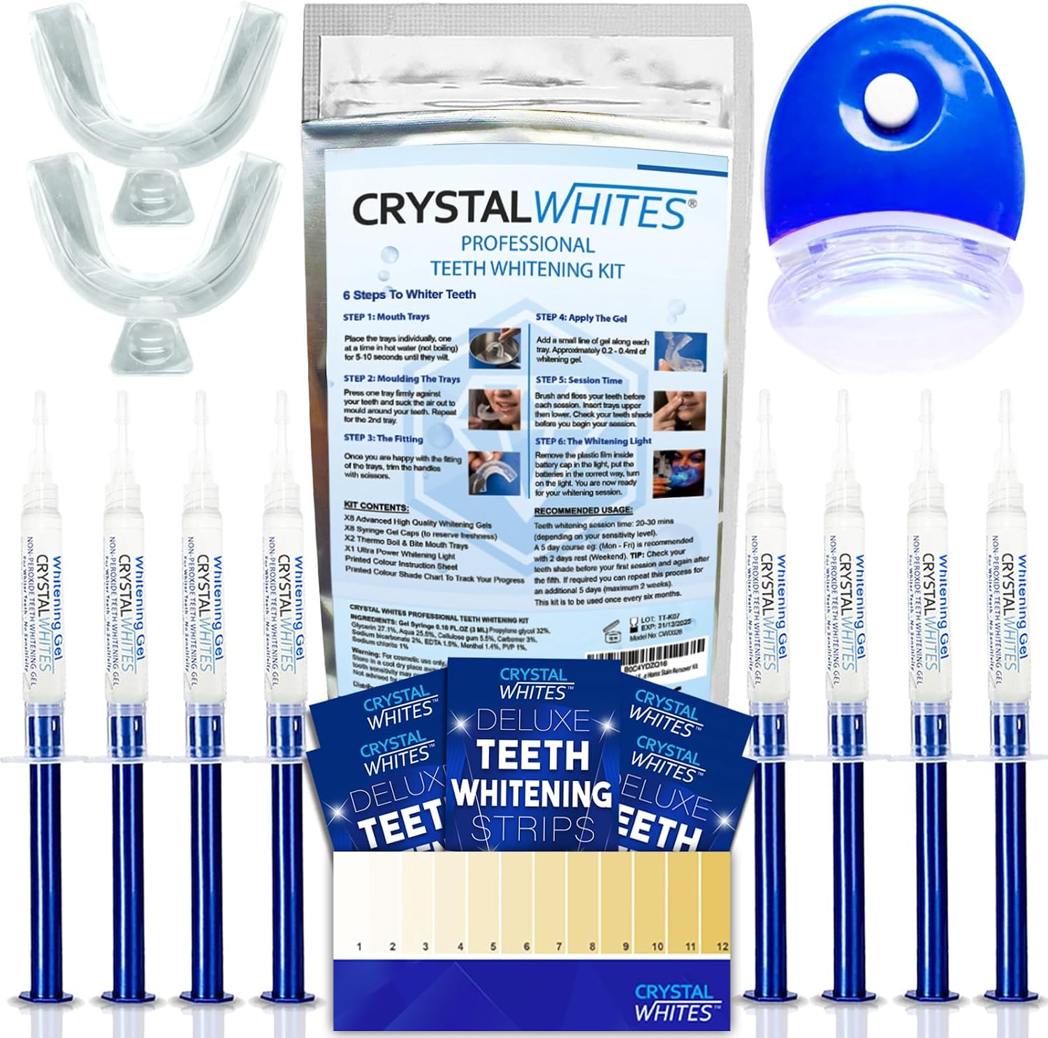 Teeth Whitening Kit & Strips  LED Light Activator | 50 Sessions | 8X3ml Gels | Crystal Strips | UK Approved Formula | Safe On Teeth & Gums | Home Stain Remover Dental Kit