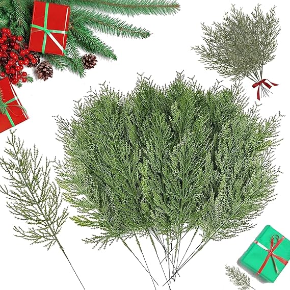 50 Pcs Artificial Plants Pine Needles Branches Fake Pine Sprigs Green Faux Artificial Pines Branches Green Leaves Needle for DIY Crafts Christmas Embellishing and Home Holiday Decoration