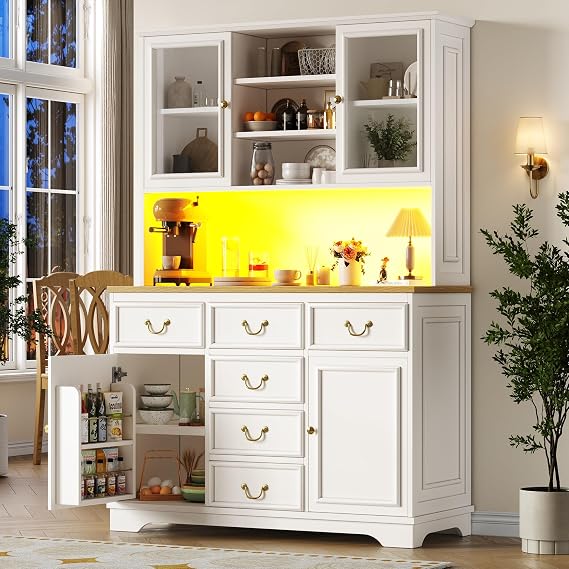 ModernLuxe Tall Kitchen Cabinet with USB Ports & Power Sockets, Sideboard with LED Light Strip, Storage Cabinet with Snack Shelves & Door Storage, Waste Bin Compatible Design, White