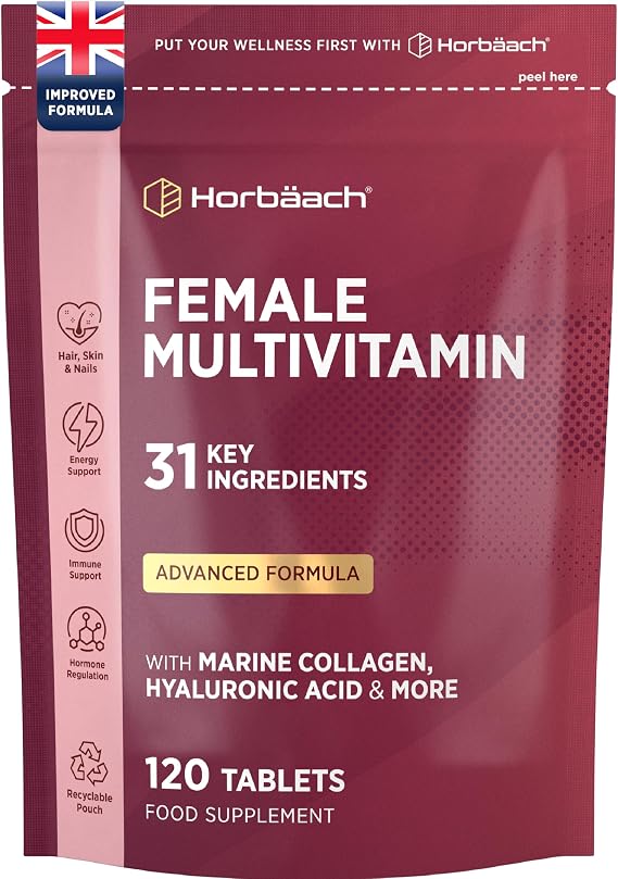 Womens Multivitamins and Minerals with Marine Collagen & Hyaluronic Acid | 31 Essential Vitamins, Minerals, Botanicals with Cranberry, Iron, Biotin, B6 & More | 120 Tablets | by Horbaach
