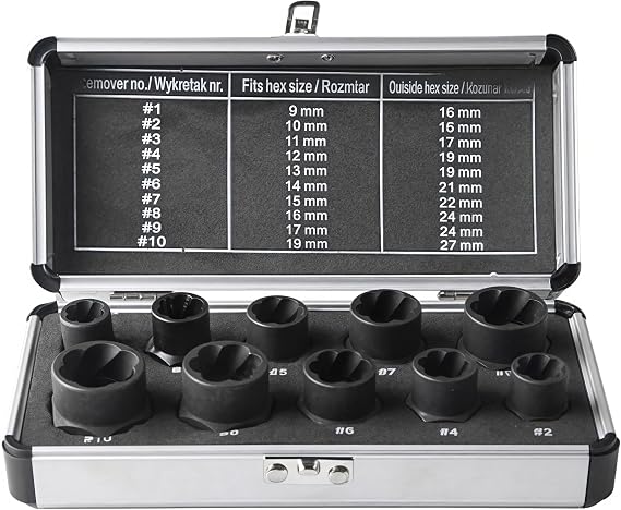 10-PC Impact Nut Extractor Set - Professional Grade Bolt Remover Tool Kit for Damaged/Rusted/Rounded Bolts & Screws, Heat-Treated S2 Steel with Aluminum Case (Black)
