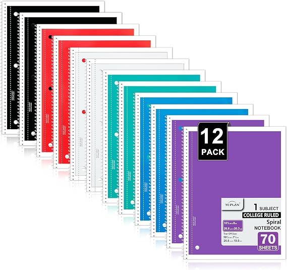 Yeplan Spiral Notebooks 12 Pack, College Ruled Notebook Paper, 1 Subject Notebook for School & Work, 8" x 10-1/2", 70 Sheets per Notebook, 6 Assorted Colors