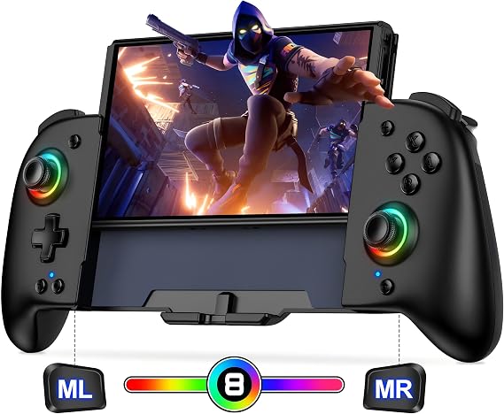 Elekasumi Switchコントローラー（Switch/Switch OLED対応） 一体型 携帯モードコントローラー 無線/9色光る/マクロ機能/背面ボタン付き/Turbo連射/グリップ式/1000mAhバッテリー/KeyLinkerアプリ対応 ブラック
