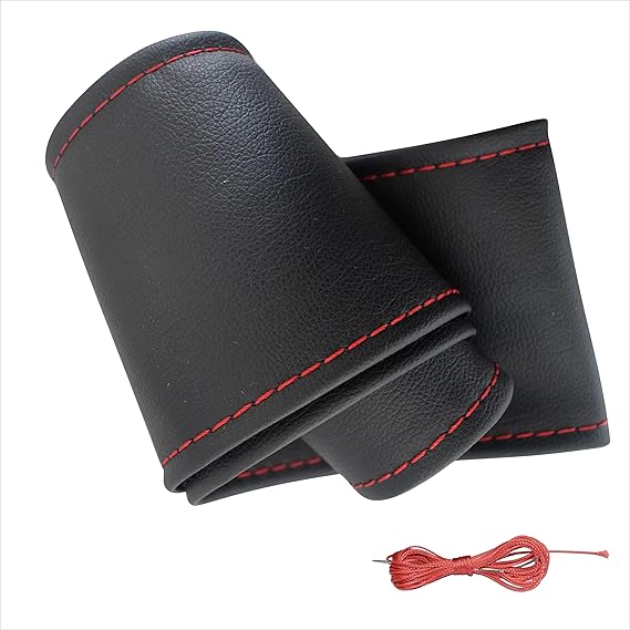 Plain Leather Strut Steering Wheel Cover Black Red Stitched