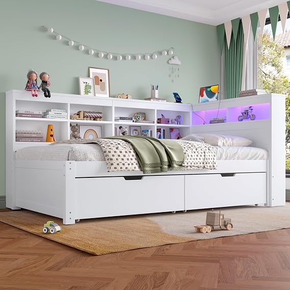 3ft Single Daybed with Two Storage Drawers and Beside Storage, LED Modern Bed frame with Charging Station, Wood Bed for Living Room/Bedroom/Study Room, 90X190cm, White (No Mattress)