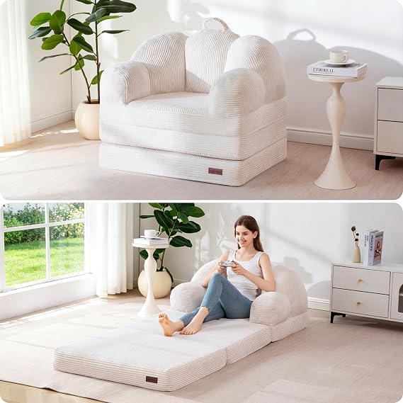 MAXYOYO Folding Sofa Bed with Backrest, Floral Shaped 2 in 1 Convertible Sofa to Comfy Faux Fur Bean Bag Chair for Adults, Floor Sleeper Couch Chair with Handle, Couch Bed for Bedroom & Living Room