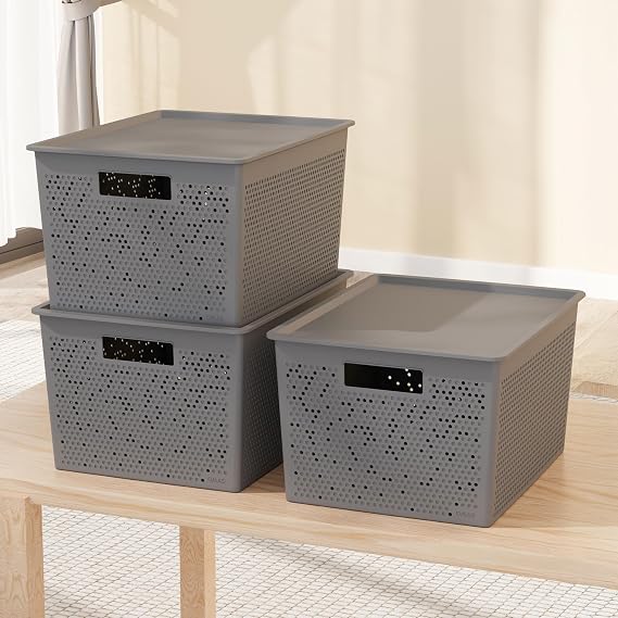 Deconox Seul Çok Amaçlı Kapaklı Saklama Kutusu - Şık ve Dekoratif Dolap İçi Organizer Düzenleyici (4 L / 12 L / 20 L Boy Seçenekli) 3 Renk (GRİ, 20 LİTRE)
