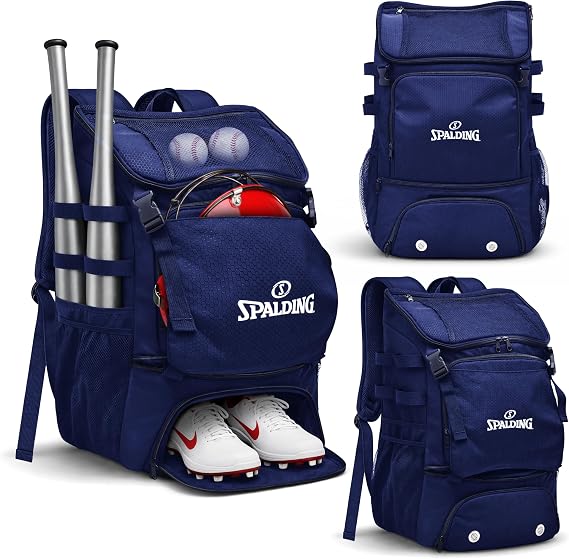 Spalding Baseball Backpack Baseball Bag | Lightweight Backpack with Compartment for Tball & Softball Sports Gear | Fits Bat Glove Shoes Ball Helmet | Waterproof Adult Bat Bag Softball Gift