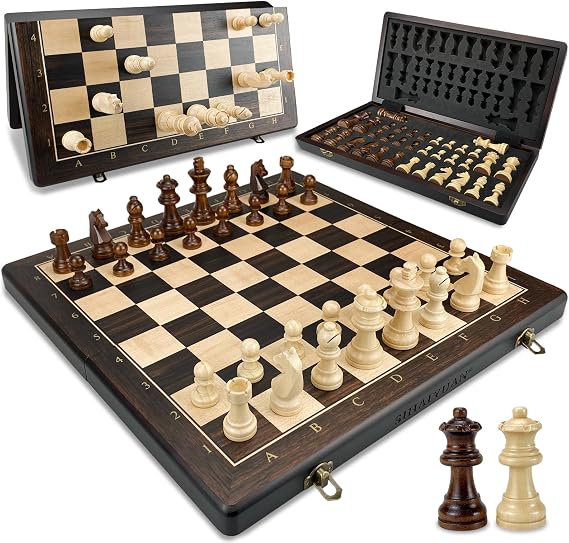 Magnetic Wooden Chess Game - Foldable Chess Board 39 cm High-Quality Wooden Chess Board with 34 Staunton Figures Including Extra Ladies Portable Chess Game for Adults and Children