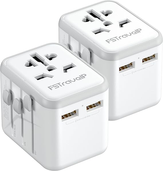 2 Pack Universal Travel Adapter, Travel Plug Adapter Worldwide with 2 USB and 1 AC Socket, FSTravelP International Travel Adapter for EU, USA, UK, Australia, Universal Plug Adaptor for Multi Countries