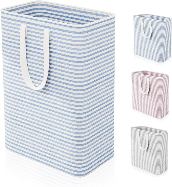 Caroeas 80L Laundry Bin, Collapsible Laundry Basket for Easy Storage, Freestanding Washing Baskets for Dirty Clothes with Reinforced Long Handles, Waterproof Slim Laundry Hamper for Baby, Blue