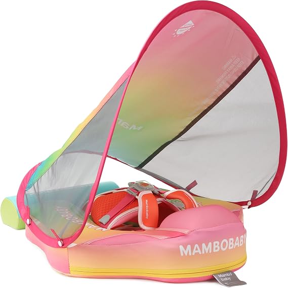 Mambobaby Float Add Tail Newest Baby/Infant Swim Float with Canopy, Non-Inflatable Solid Upgrade Soft Waterproof Skin-Friendly Leather Material Standard Edition Rainbow
