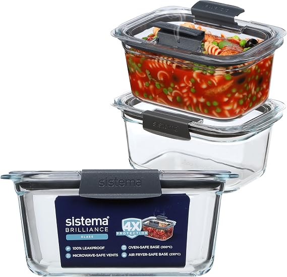 Sistema Brilliance Glass Meal Prep Containers 1.1L, 3 Pack, 100% Leakproof & Airtight, Microwave Vents for Splatter-Free Heating, Over Safe & Air Fryer Safe Base, Freezer-Safe Meal Prep Containers