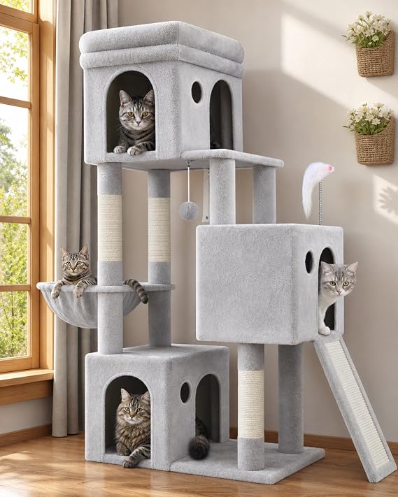 Globlazer Scratching Tree for 2-4 Cats with 3 Grandi Nests 40 x 13 x 35 cm, Platforms, Sisal Scratching Board, Basket, Toys, Stable Tower Scratcher High 167 cm for Large Cats (F52B, Light Grey)