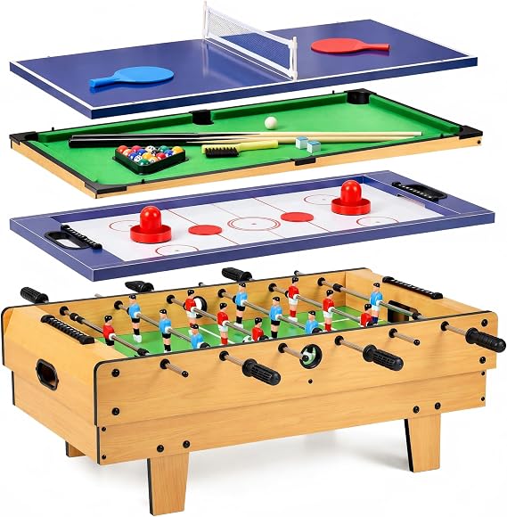 Multi Game Table 4 in 1 Combo, Pool, Table Hockey, Table Tennis & Foosball Set, Complete Accessories for Home, Game Room, Family Fun for Kids & Adults