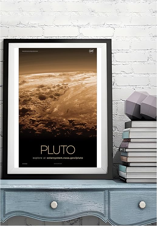 BACK TO VINTAGE Pluto - Space Art Poster A4 Format Featuring Starry Sky and Planetary Motifs in Bold Design for Creative Wall Spaces or Space Exploration Enthusiasts