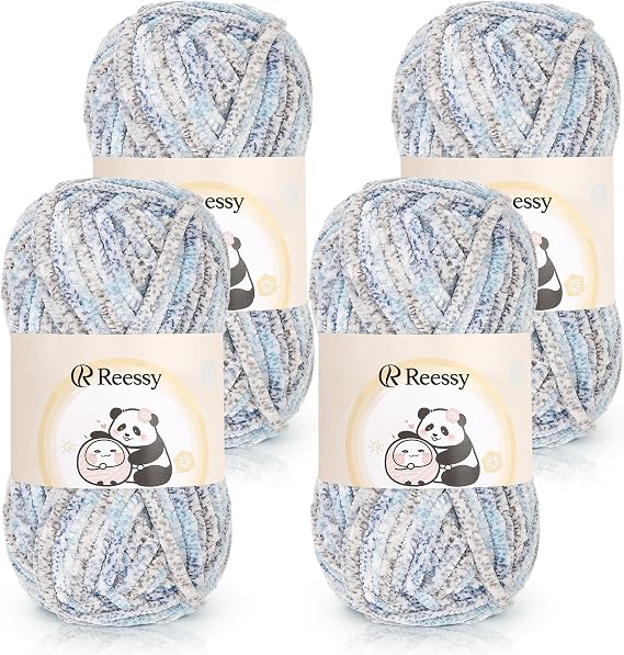 Reessy Chenille Yarn 400g, Super Soft Chunky Wool for Knitting-Blue Grey
