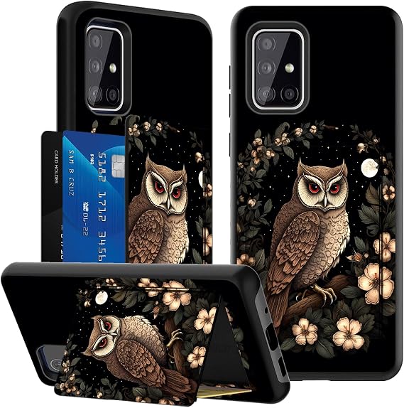 Samsung Galaxy A51用電話ケースウォレットスタンドスタンド&カードホルダー付き、デュアルレイヤーハイブリッドソフトTPUハードPC耐衝撃保護ケース Samsung Galaxy A51 5G用、フクロウの花