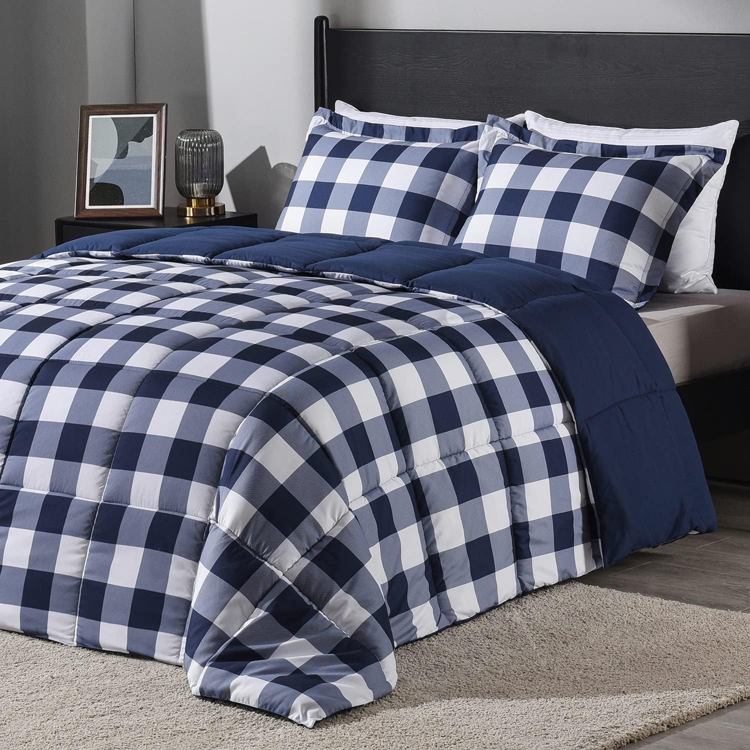 downluxe Lightweight Plaid Comforter Set (King) with 2 Pillow Shams - 3-Piece Set - Blue/White Plaid - Down Alternative Reversible Comforter