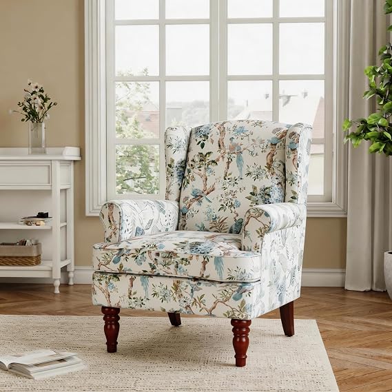 Wingback Armchair, Retro Accent Chair Soft Padded Fabric Lounge Padded Sofa Chair, Retro Vantage Leisure Armchair for Living Room Bedroom - Solid Wood Frame - Bird