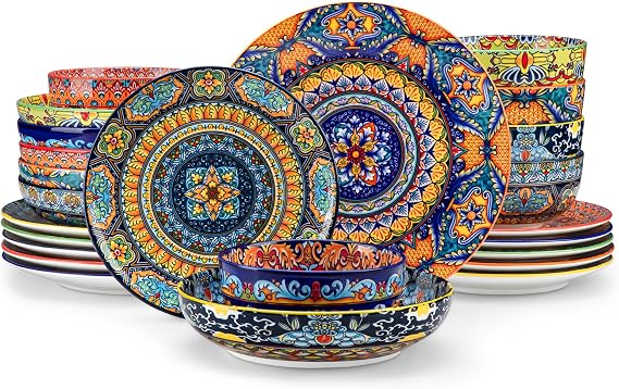 vancasso KRVI 24 Piece Ceramic Dinnerware Set for 6 People, Modern Porcelain Dinnerware Set, Bohemium Style Dinnerware Set, Plates and Bowls Set, Color Combined Service