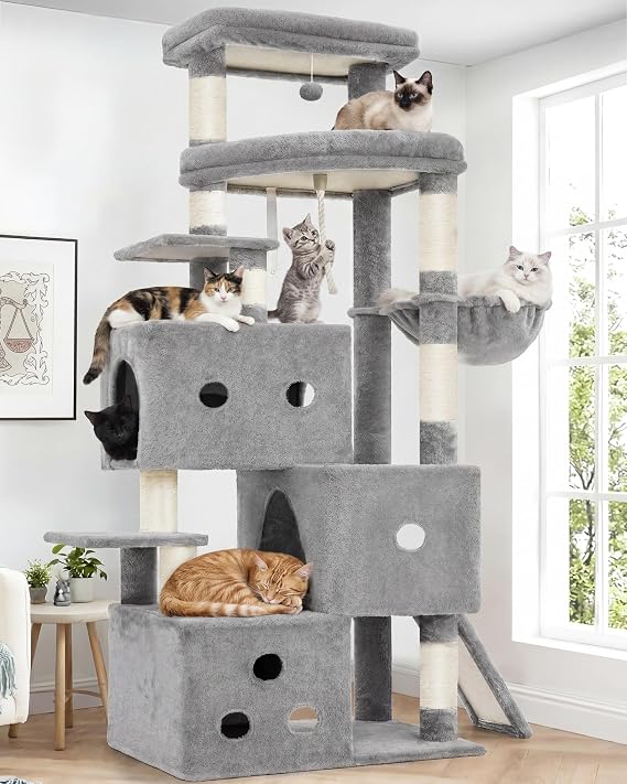 Heybly XXL Cat Scratcher, 188 cm Scratching Tree for Large Cats, Multi-Story Tower, 3 Stepped Caves, Wide Rest Hangers, Sisal Posts and Boards, Light Grey HCT061W
