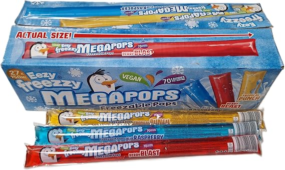 Eezy Freezy Megapops Freezable Ice Poles/Pops – 27 x 150ml Box | Assorted Flavours: Blue Raspberry, Berry Blast, and Tropical Punch | Suitable for Vegan, Vegetarian & Kosher