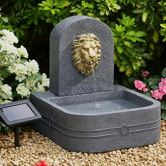 Large Solar Water Fountain - 49cm Resin Lion's Head - Solar Water Feature