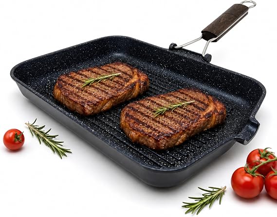 NAMAI - Non-stick Rectangular Frying Pan, 35 cm x 25 cm, Die-Cast Aluminium, Dishwasher Safe, Foldable Handle to Save Space, Made in Italy