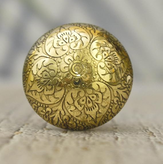 Floral Round Brass Drawer Knobs-Elegant Furniture and Cabinet Pull Handle in Solid Brass Metal, Modern Cabinet Pulls and Knobs (Design 4), Set-6