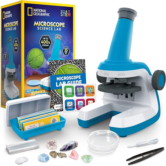 NATIONAL GEOGRAPHIC Microscope for Kids - STEM Kit with an Easy-to-Use Kids Microscope, Up to 400x Zoom, Blank and Prepared Slides, Rock and Mineral Specimens, 37 Piece Set, Great Science Project Set