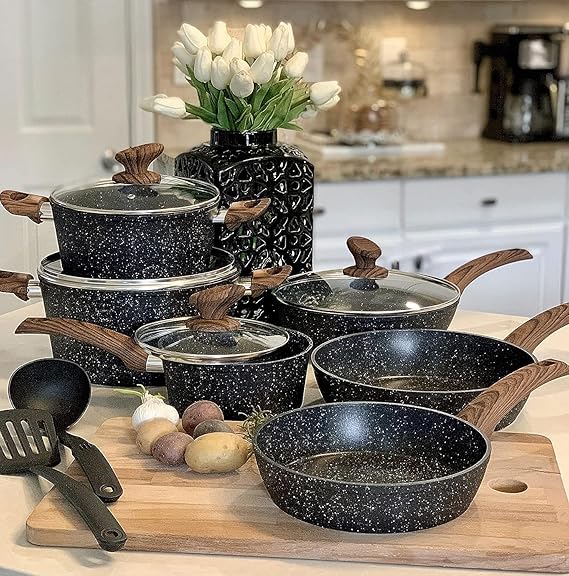Kitchen Academy Induction Hob Pans Set, 12-Piece Black Granite Cookware | Non Toxic Pots and Pans Sets Non-stick, Kitchen Cooking Frying Pan & Saucepan, PFOA & PFOS Free