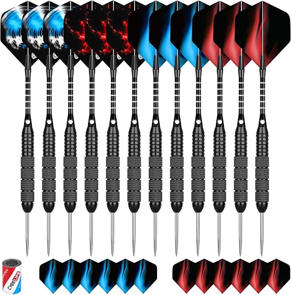 CyeeLife 12 Pack Steel Tip Darts, Professional Metal Dart Set with 12 Premium Aluminum Shafts and 4 Style PET Flights and Sharpener,22 Grams