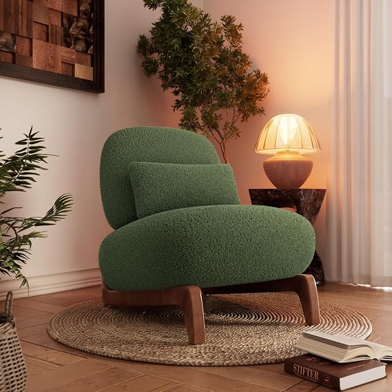 Cloud Chair, Boucle Accent Chair Upholstered Tilted Back Sofa Chair with Lumbar Pillow & Wood Legs Thick Cushion Comfortable Armless Reading Chair for Living Room Lounge Bedroom Forest Green