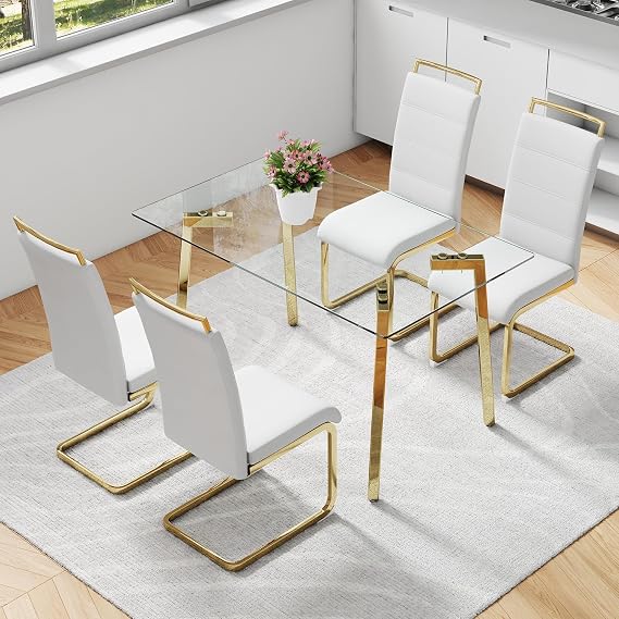 Glass Dining Table Set for 4,Rectangle Clear Glass Table Top with Golden Legs,51” Kitchen Table Chairs Set of 4,White Faux Leather Kitchen Chairs Set of 4 for Kitchen Dining Room