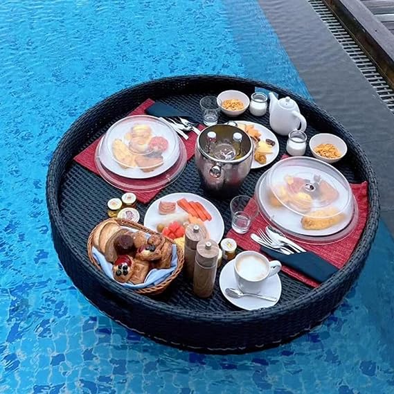 Floating Serving Tray for Pool,Floating Tray Luxury,Retro Water Floating Breakfast Tray,Round Drink and Food Holder,Waterproof Durable,with Handles,for Sandbars and Pools 60cmround-Black