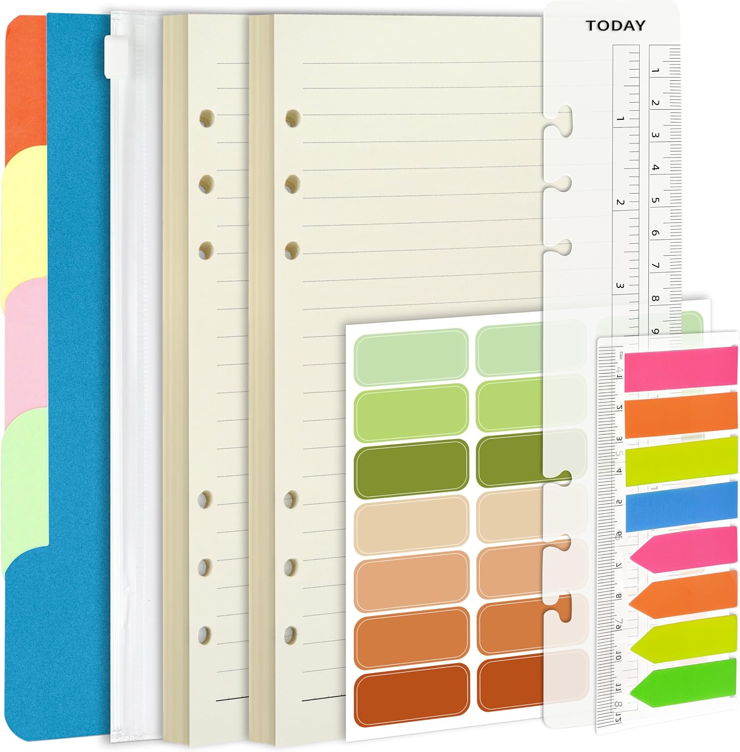 Mlife A5 Binder Refills - Lined Paper Set with 5 PCS File Divider, 90 Pages A5 Loose Leaf Paper, Label Stickers, Index Tabs and Clear Cash Envelopes