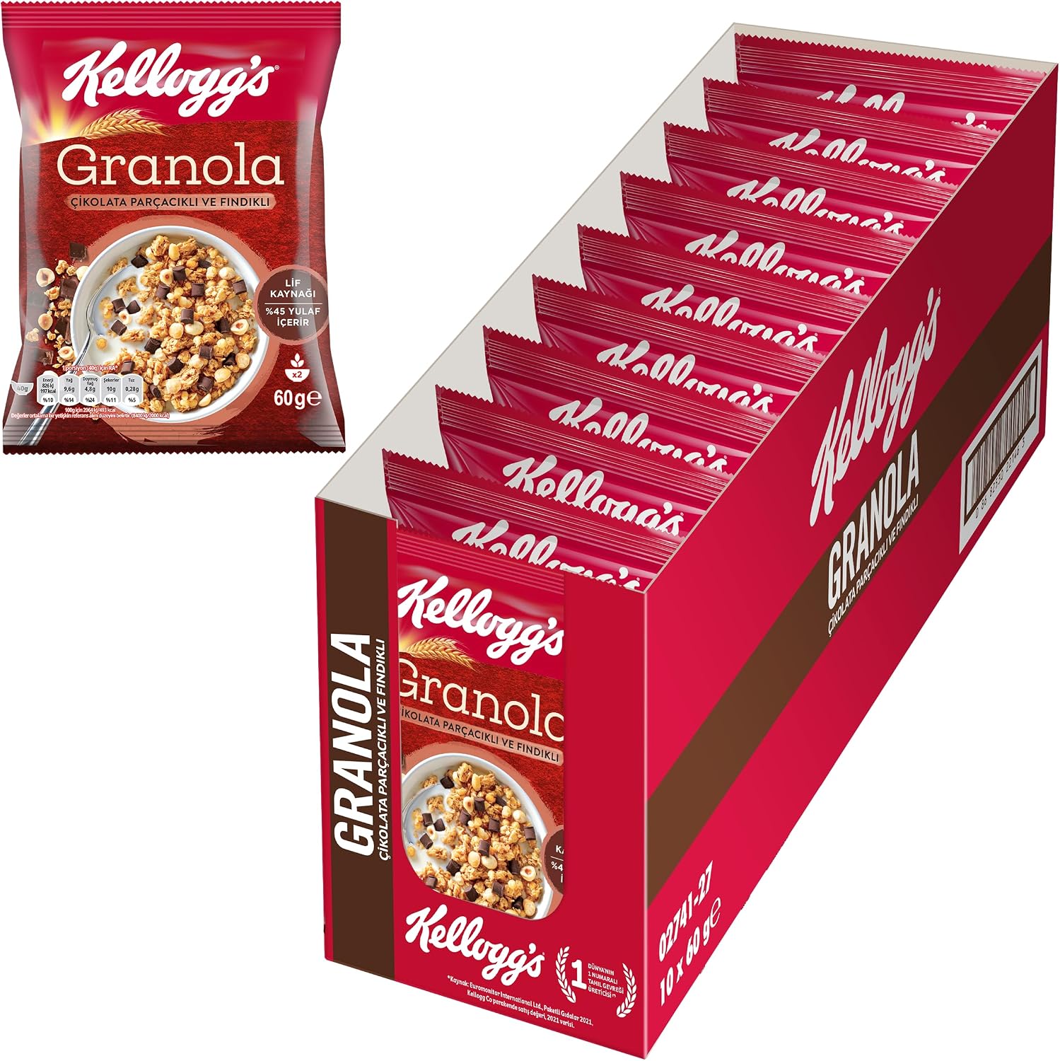 Kelloggs Granola Chocolate 60 Gr x10 Pieces with Particles and Nuts, Contains 45% Oats, Fiber Source, 11% Belgian Chocolate Pieces, Contains Antioxidants, Crunchy for Breakfast, Muesli, Snack
